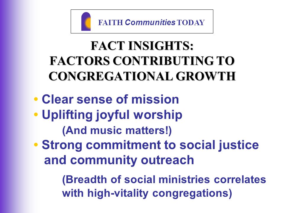 FAITH Communities TODAY Clear sense of mission Uplifting joyful worship (And music matters!) Strong commitment to social justice and community outreach (Breadth of social ministries correlates with high-vitality congregations) FACT INSIGHTS: FACTORS CONTRIBUTING TO CONGREGATIONAL GROWTH