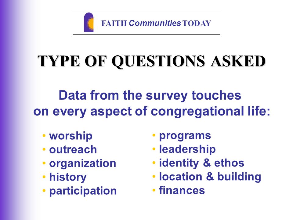 FAITH Communities TODAY TYPE OF QUESTIONS ASKED worship outreach organization history participation Data from the survey touches on every aspect of congregational life: programs leadership identity & ethos location & building finances