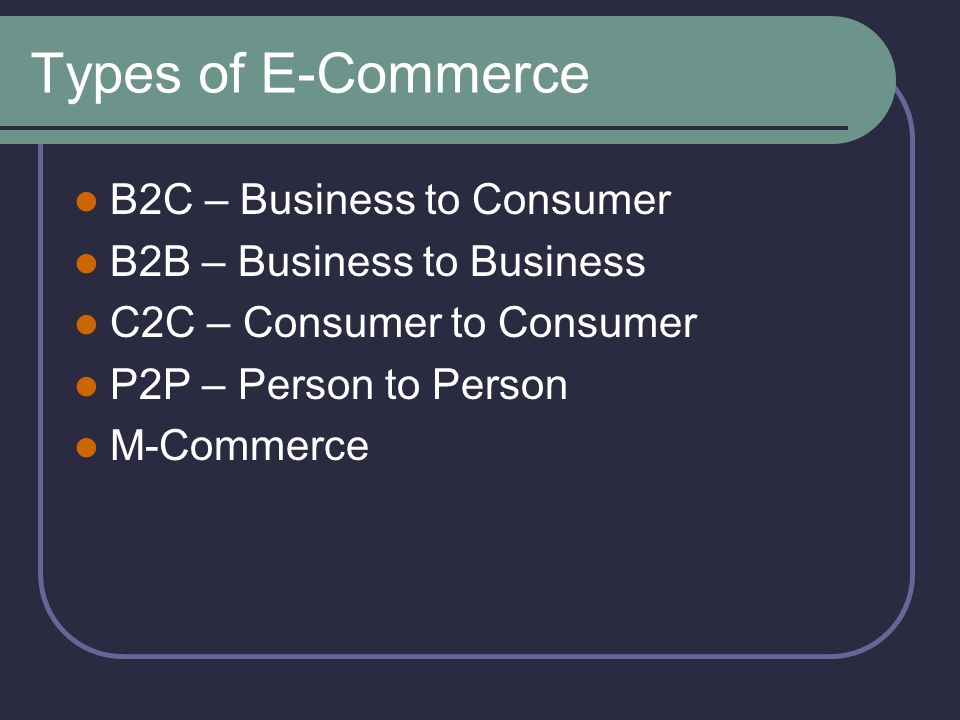 Types of E-Commerce B2C – Business to Consumer B2B – Business to Business C2C – Consumer to Consumer P2P – Person to Person M-Commerce