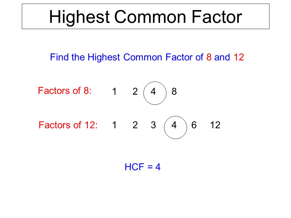 Highest Common Factor Find the Highest Common Factor of 8 and 12 Factors of 8: Factors of 12: HCF = 4