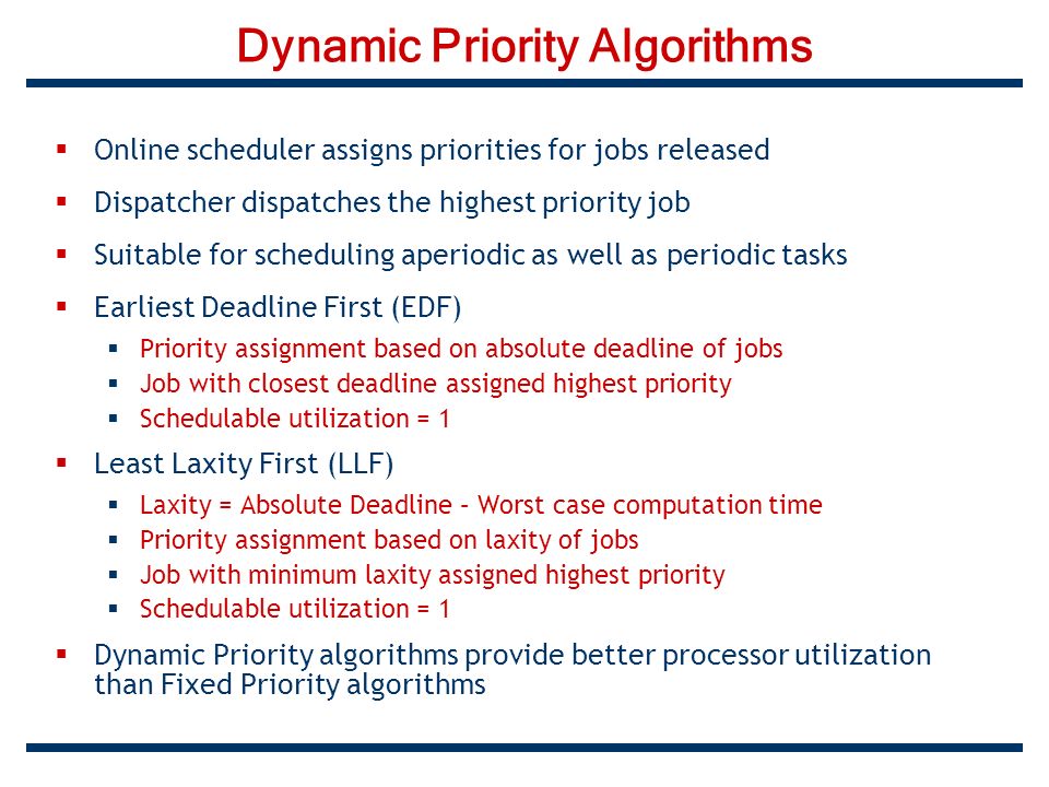 Dynamic Priority Algorithms  Online scheduler assigns priorities for jobs released  Dispatcher dispatches the highest priority job  Suitable for scheduling aperiodic as well as periodic tasks  Earliest Deadline First (EDF)  Priority assignment based on absolute deadline of jobs  Job with closest deadline assigned highest priority  Schedulable utilization = 1  Least Laxity First (LLF)  Laxity = Absolute Deadline – Worst case computation time  Priority assignment based on laxity of jobs  Job with minimum laxity assigned highest priority  Schedulable utilization = 1  Dynamic Priority algorithms provide better processor utilization than Fixed Priority algorithms