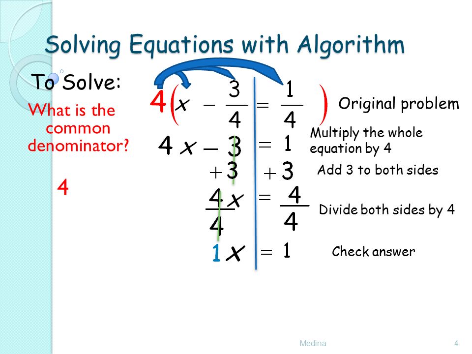 Solving Equations with Algorithm Medina4 To Solve: Original problem Multiply the whole equation by 4 Check answer What is the common denominator.