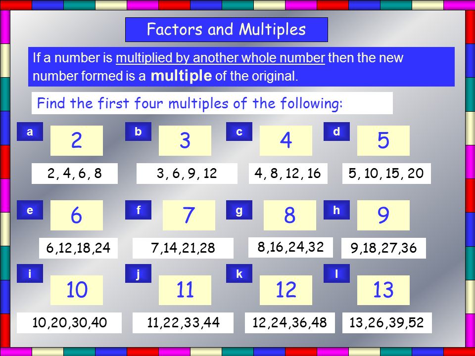 Multiples Factors and Multiples If a number is multiplied by another whole number then the new number formed is a multiple of the original.