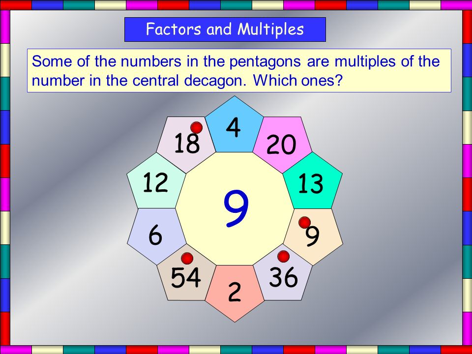 Factors and Multiples Some of the numbers in the pentagons are multiples of the number in the central decagon.