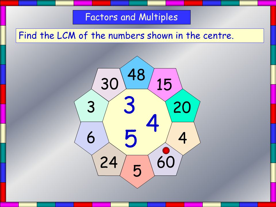 Factors and Multiples Find the LCM of the numbers shown in the centre