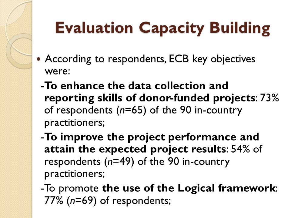 Evaluation Capacity Building Evaluation Capacity Building According to respondents, ECB key objectives were: -To enhance the data collection and reporting skills of donor-funded projects: 73% of respondents (n=65) of the 90 in-country practitioners; -To improve the project performance and attain the expected project results: 54% of respondents (n=49) of the 90 in-country practitioners; -To promote the use of the Logical framework: 77% (n=69) of respondents;