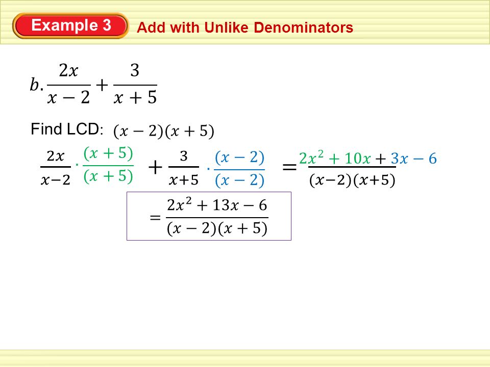 Example 3 Add with Unlike Denominators Find LCD :