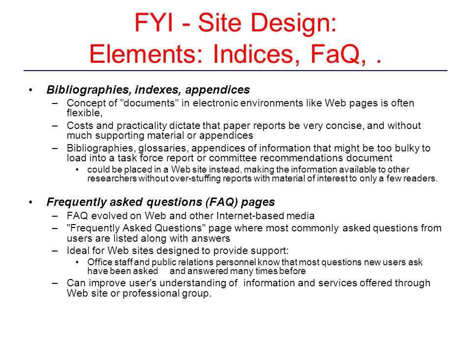 FYI - Site Design: Elements: Indices, FaQ,.