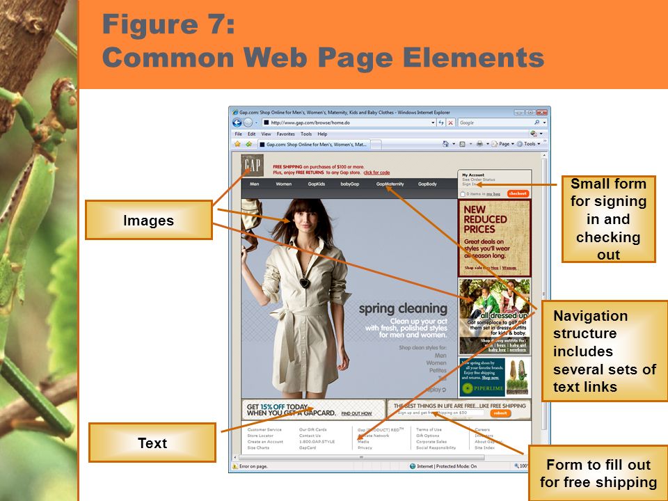 Figure 7: Common Web Page Elements Images Text Navigation structure includes several sets of text links Form to fill out for free shipping Small form for signing in and checking out