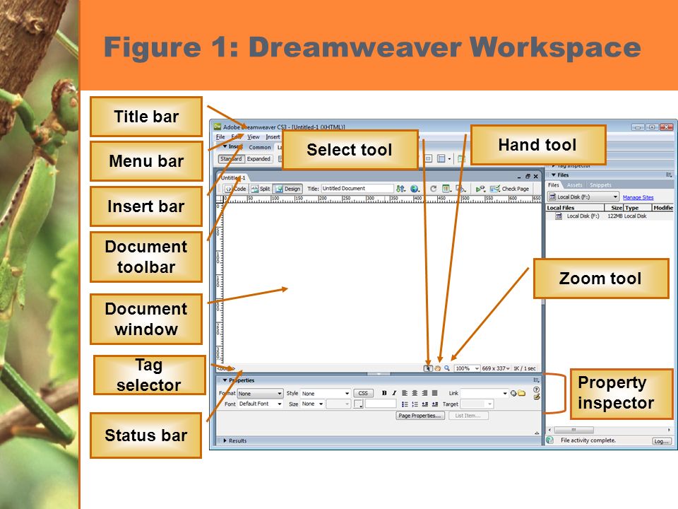 Figure 1: Dreamweaver Workspace Title bar Menu bar Insert bar Document window Tag selector Status bar Select tool Hand tool Zoom tool Document toolbar Property inspector