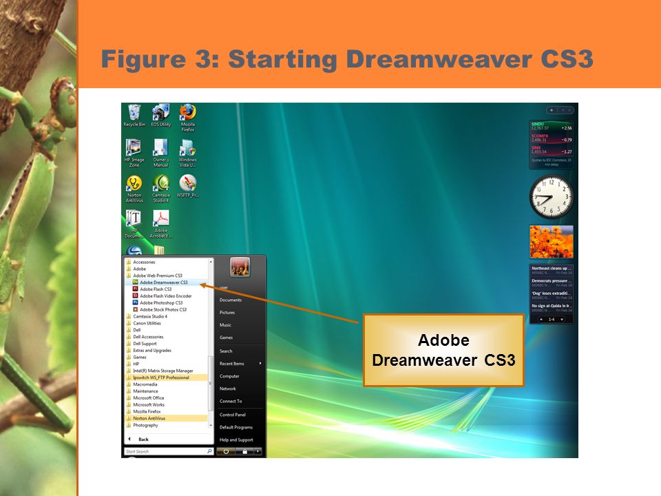 Figure 3: Starting Dreamweaver CS3 Adobe Dreamweaver CS3