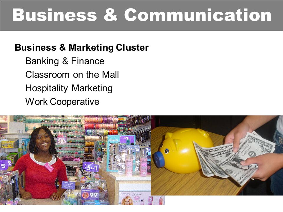 Business & Marketing Cluster Banking & Finance Classroom on the Mall Hospitality Marketing Work Cooperative Business & Communication