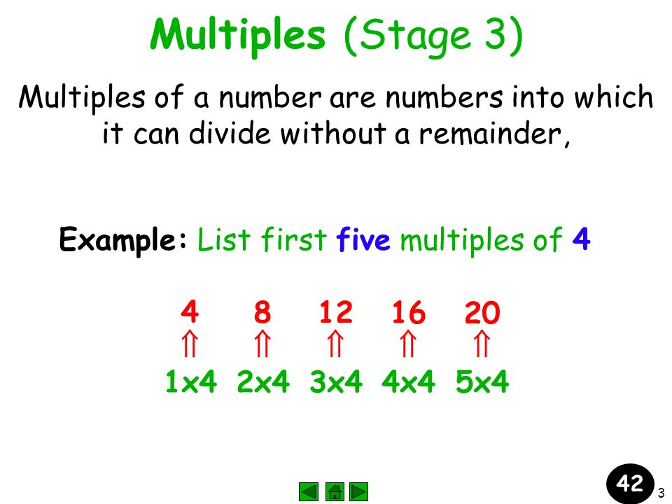 3 Multiples (Stage 3) Multiples of a number are numbers into which it can divide without a remainder, Example: List first five multiples of 4  1x4 4  2x4  3x4  4x4  5x