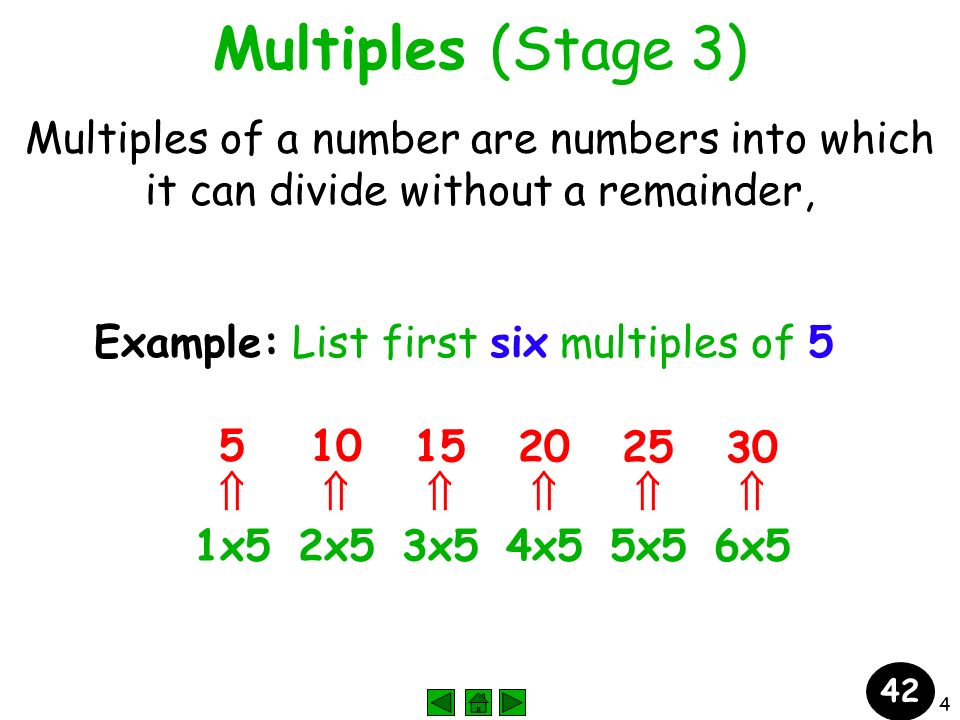 4 Multiples (Stage 3) Multiples of a number are numbers into which it can divide without a remainder, Example: List first six multiples of 5  1x5 5  2x5  3x5  4x5  5x5  6x