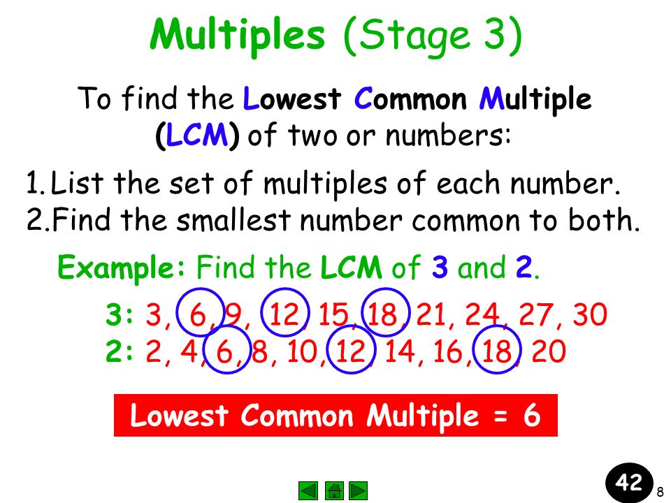 8 Circle Common Multiples Multiples (Stage 3) To find the Lowest Common Multiple (LCM) of two or numbers: 1.List the set of multiples of each number.