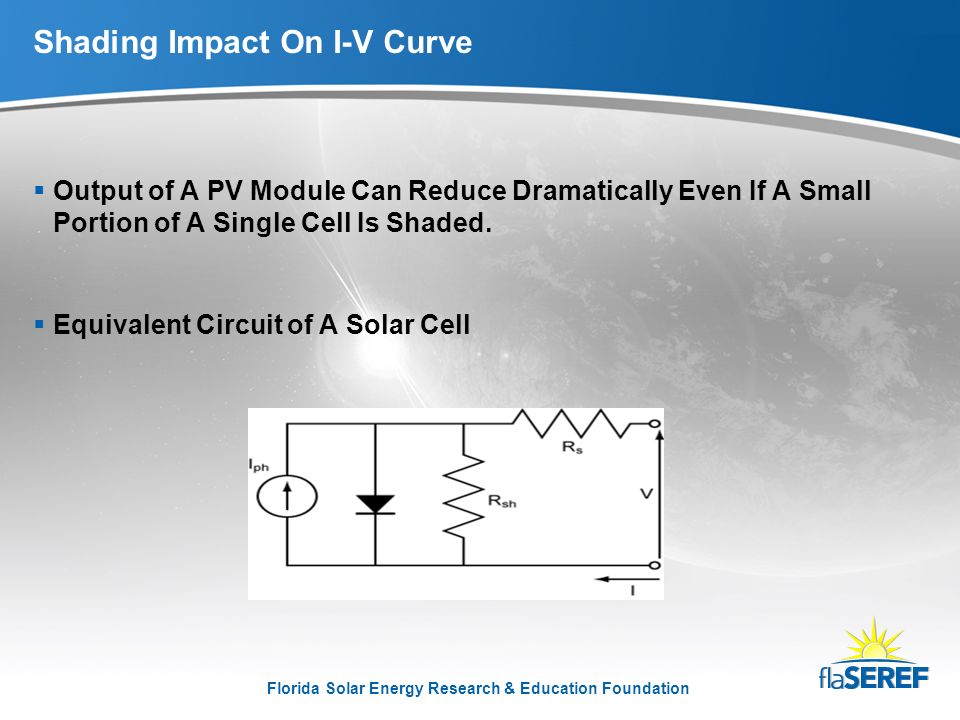 Florida Solar Energy Research & Education Foundation Shading Impact On I-V Curve  Output of A PV Module Can Reduce Dramatically Even If A Small Portion of A Single Cell Is Shaded.