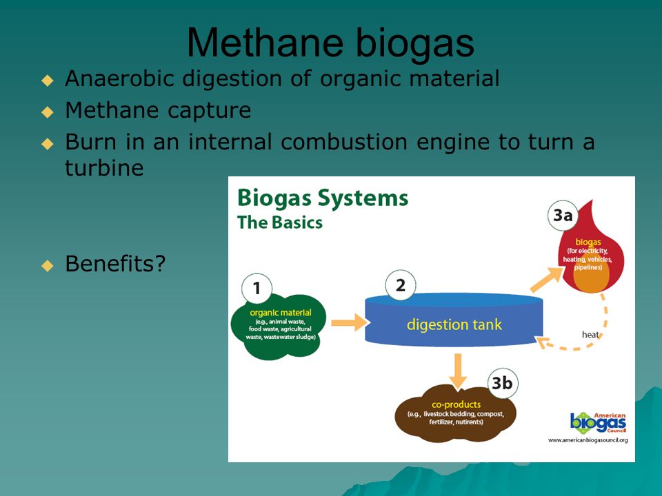 Methane biogas  Anaerobic digestion of organic material  Methane capture  Burn in an internal combustion engine to turn a turbine  Benefits