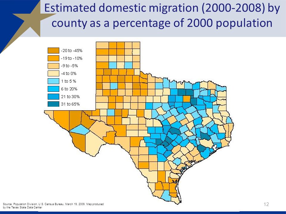 Estimated domestic migration ( ) by county as a percentage of 2000 population Source: Population Division, U.S.