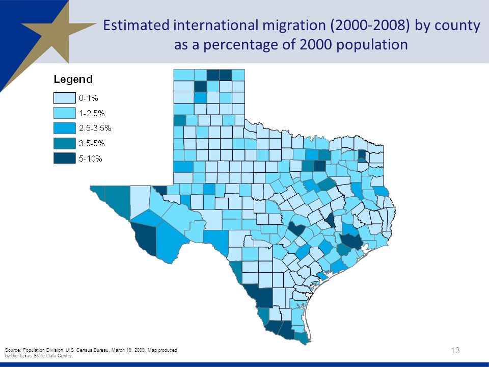 Estimated international migration ( ) by county as a percentage of 2000 population Source: Population Division, U.S.