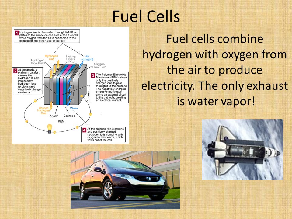 Fuel Cells Fuel cells combine hydrogen with oxygen from the air to produce electricity.