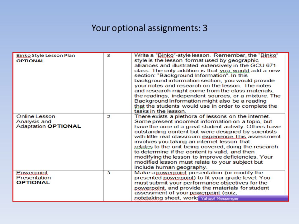 Your optional assignments: 3