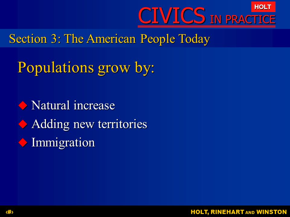 CIVICS IN PRACTICE HOLT HOLT, RINEHART AND WINSTON15 Populations grow by:  Natural increase  Adding new territories  Immigration Section 3: The American People Today