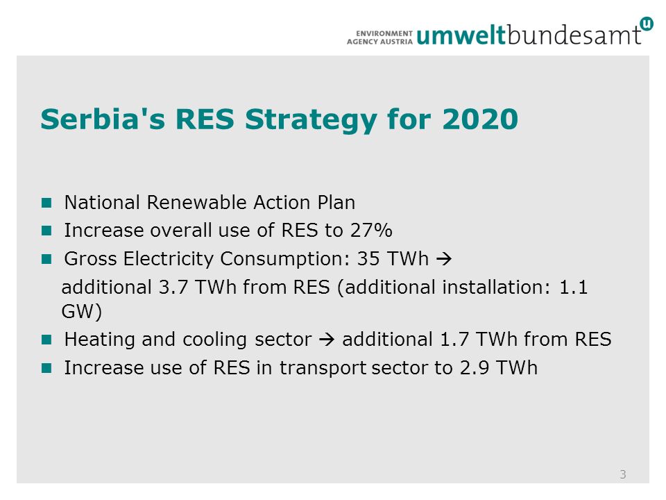 3 National Renewable Action Plan Increase overall use of RES to 27% Gross Electricity Consumption: 35 TWh  additional 3.7 TWh from RES (additional installation: 1.1 GW) Heating and cooling sector  additional 1.7 TWh from RES Increase use of RES in transport sector to 2.9 TWh Serbia s RES Strategy for 2020