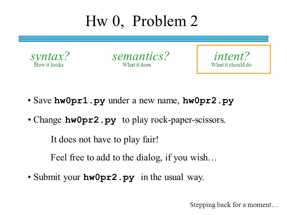 Hw 0, Problem 2 syntax semantics intent.