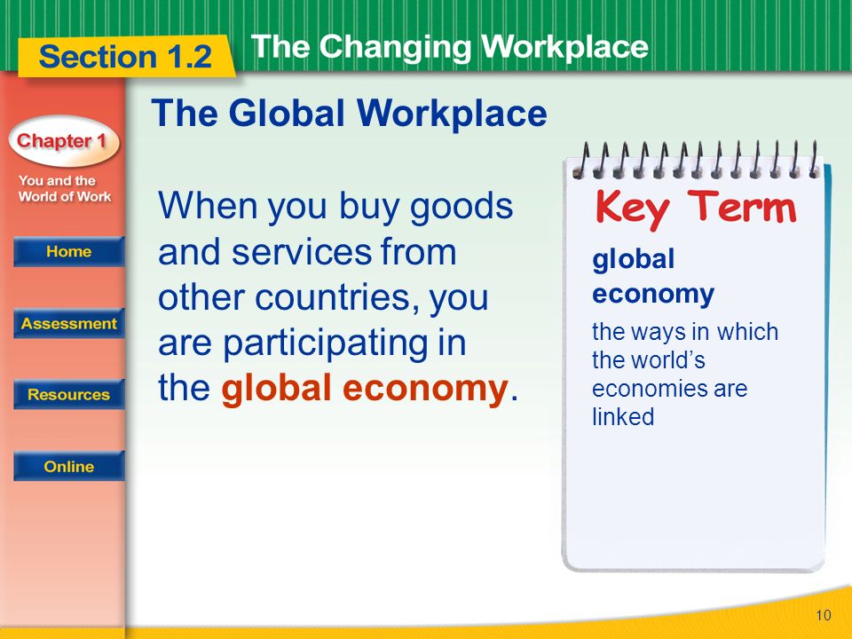 10 The Global Workplace When you buy goods and services from other countries, you are participating in the global economy.