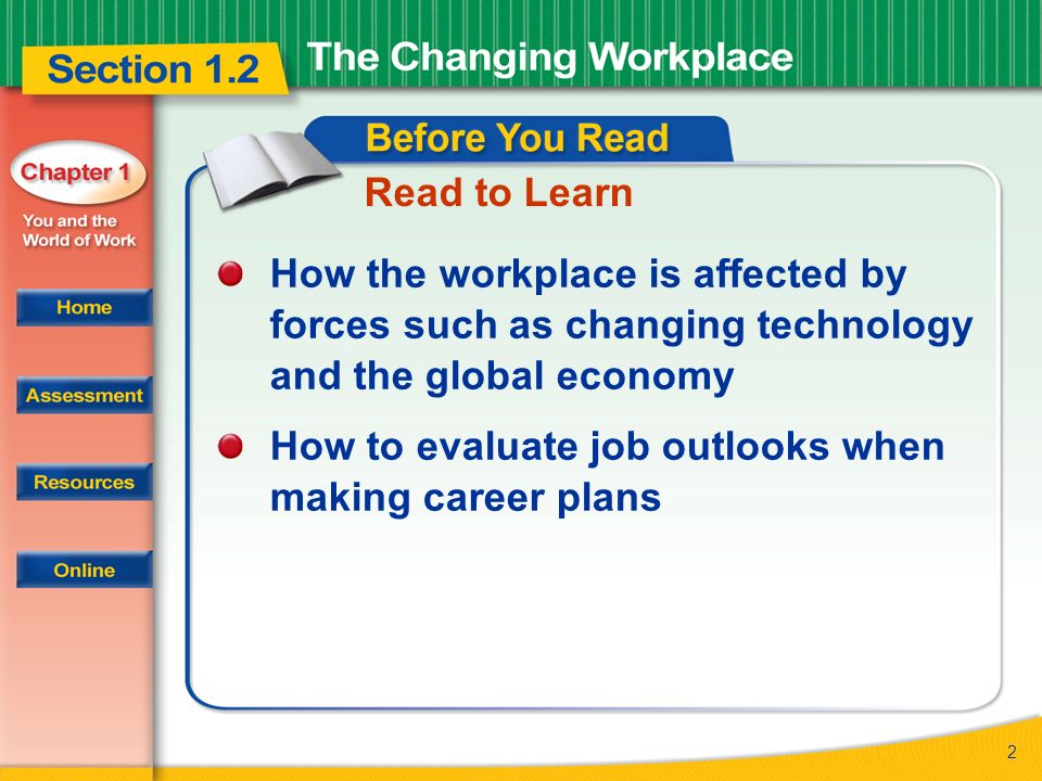 2 Read to Learn How the workplace is affected by forces such as changing technology and the global economy How to evaluate job outlooks when making career plans
