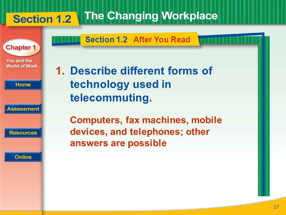 27 Section 1.2 After You Read 1.Describe different forms of technology used in telecommuting.