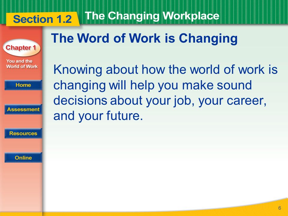 6 The Word of Work is Changing Knowing about how the world of work is changing will help you make sound decisions about your job, your career, and your future.