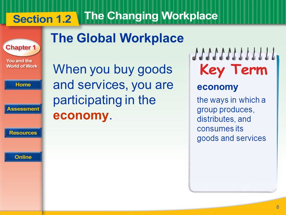 8 The Global Workplace When you buy goods and services, you are participating in the economy.