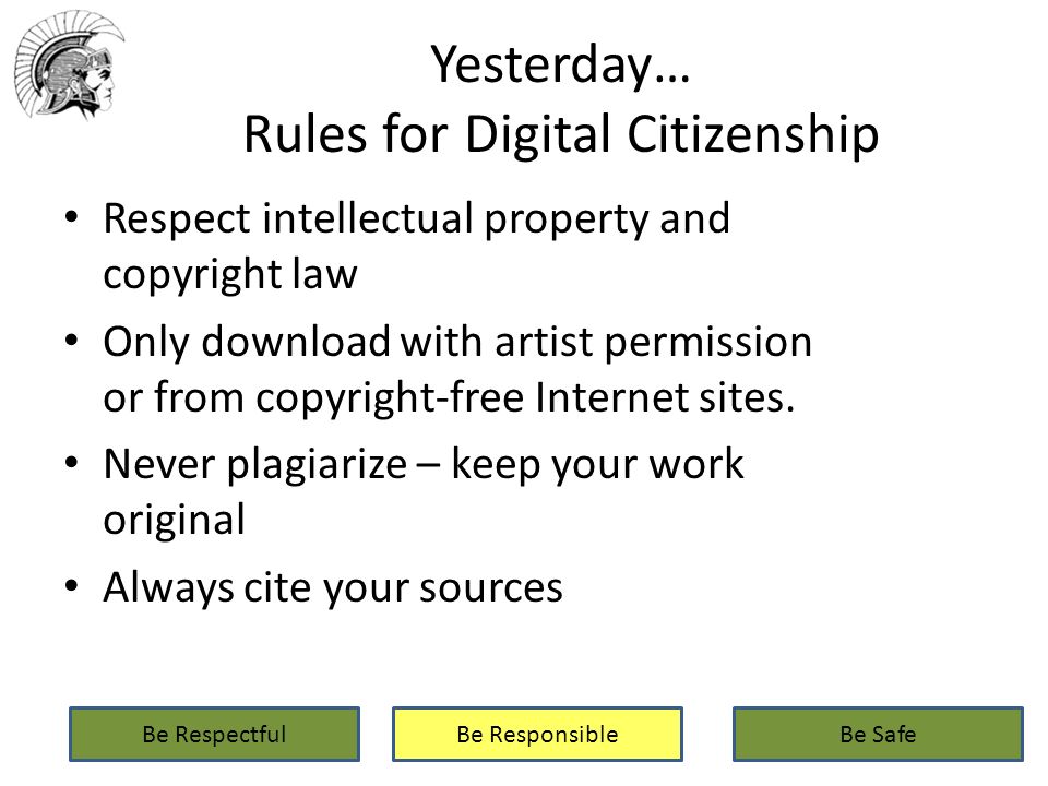 Yesterday… Rules for Digital Citizenship Respect intellectual property and copyright law Only download with artist permission or from copyright-free Internet sites.