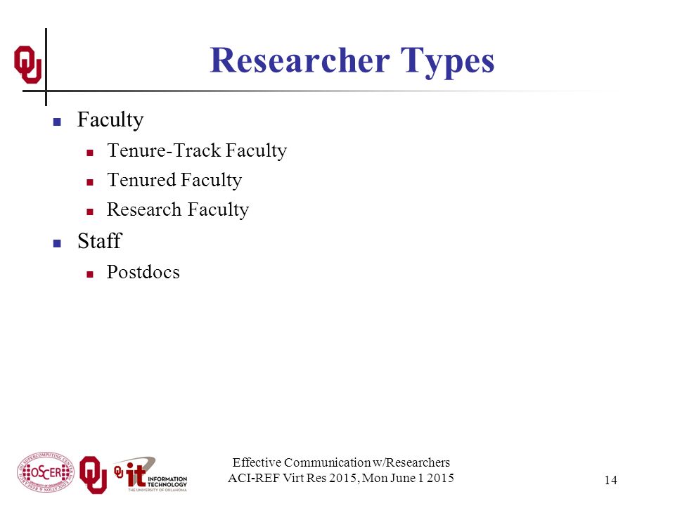 Faculty Tenure-Track Faculty Tenured Faculty Research Faculty Staff Postdocs Effective Communication w/Researchers ACI-REF Virt Res 2015, Mon June
