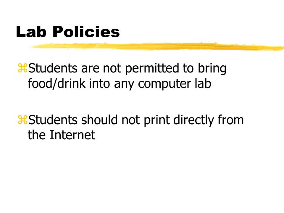 zStudents are not permitted to bring food/drink into any computer lab zStudents should not print directly from the Internet