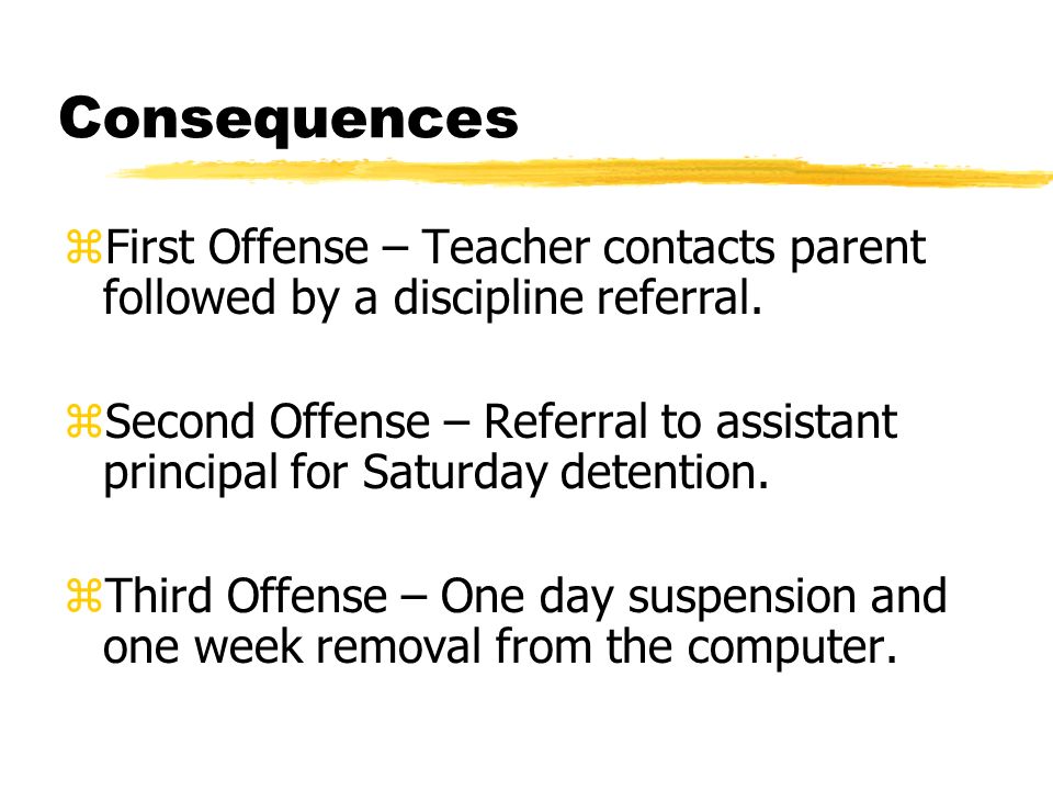 Consequences zFirst Offense – Teacher contacts parent followed by a discipline referral.