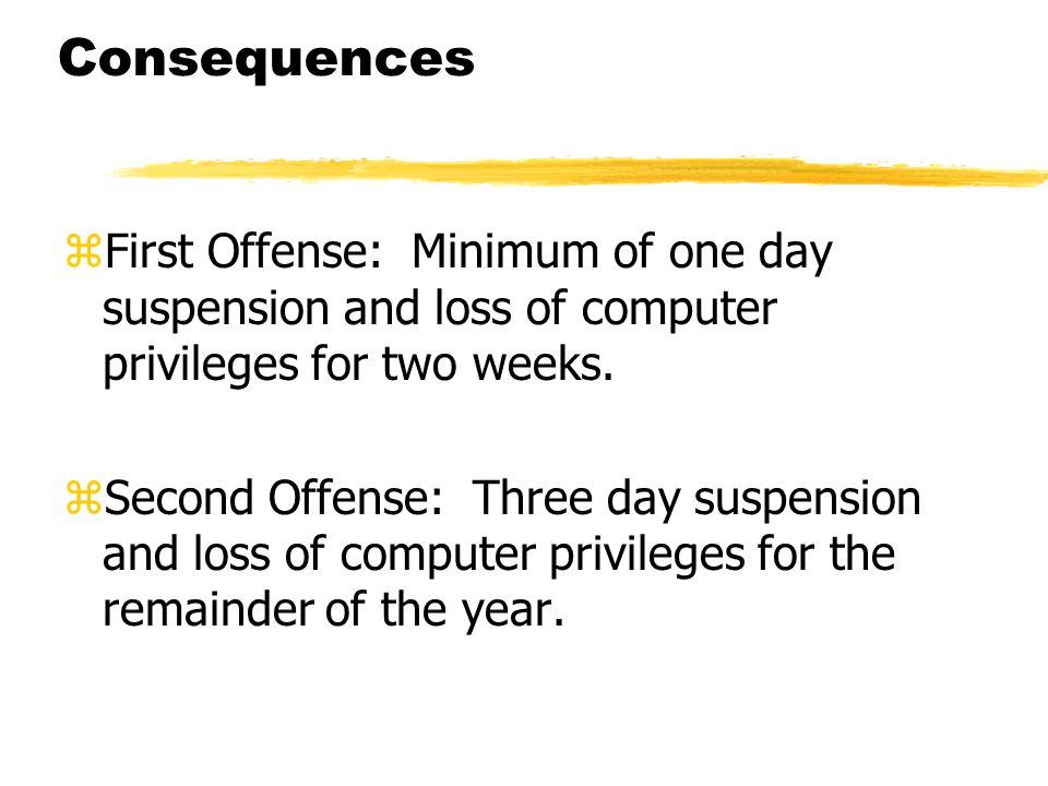 Consequences zFirst Offense: Minimum of one day suspension and loss of computer privileges for two weeks.