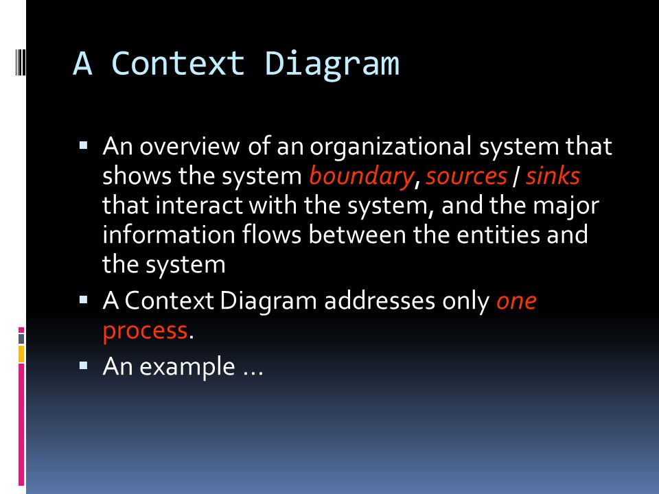 A Context Diagram  An overview of an organizational system that shows the system boundary, sources / sinks that interact with the system, and the major information flows between the entities and the system  A Context Diagram addresses only one process.