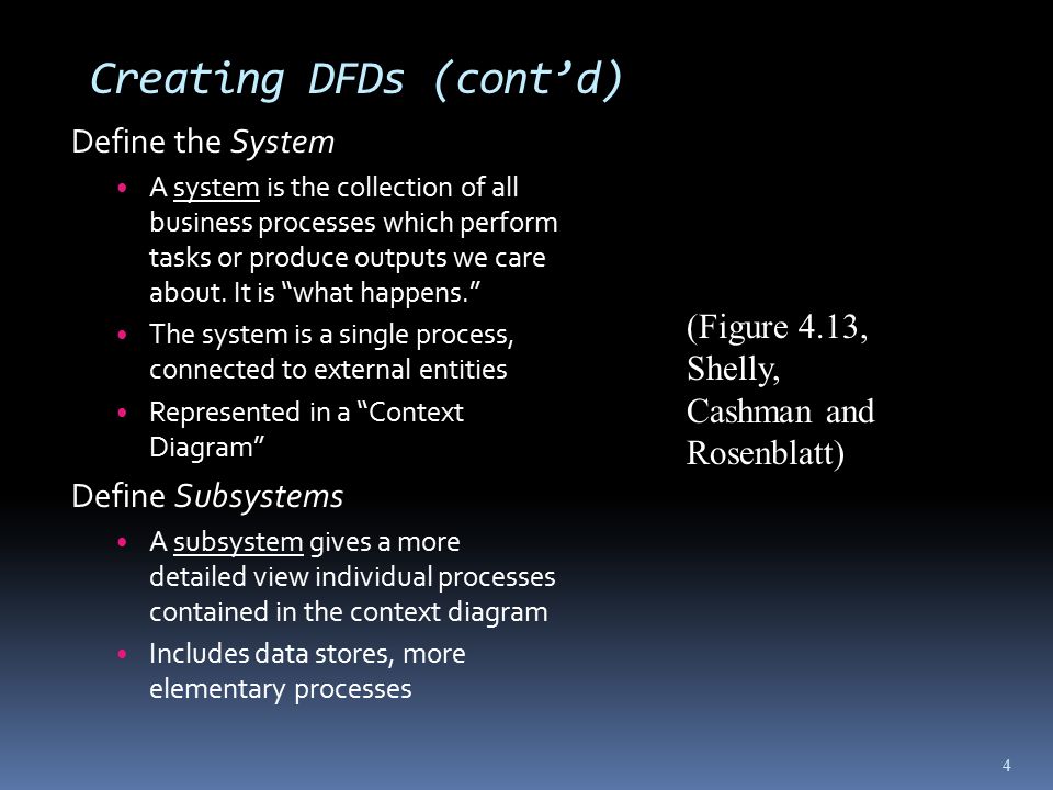 Creating DFDs (cont’d) Define the System A system is the collection of all business processes which perform tasks or produce outputs we care about.