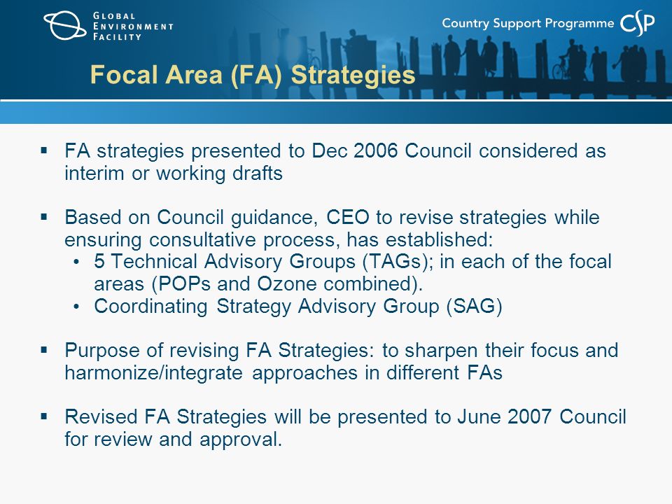 Focal Area (FA) Strategies  FA strategies presented to Dec 2006 Council considered as interim or working drafts  Based on Council guidance, CEO to revise strategies while ensuring consultative process, has established: 5 Technical Advisory Groups (TAGs); in each of the focal areas (POPs and Ozone combined).