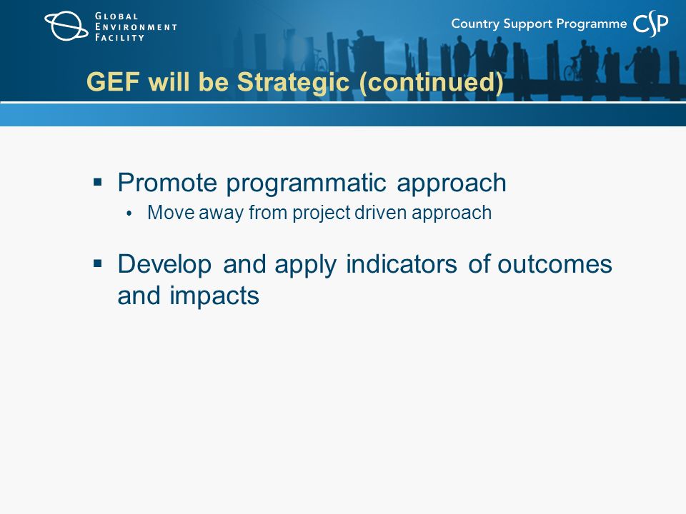 GEF will be Strategic (continued)  Promote programmatic approach Move away from project driven approach  Develop and apply indicators of outcomes and impacts