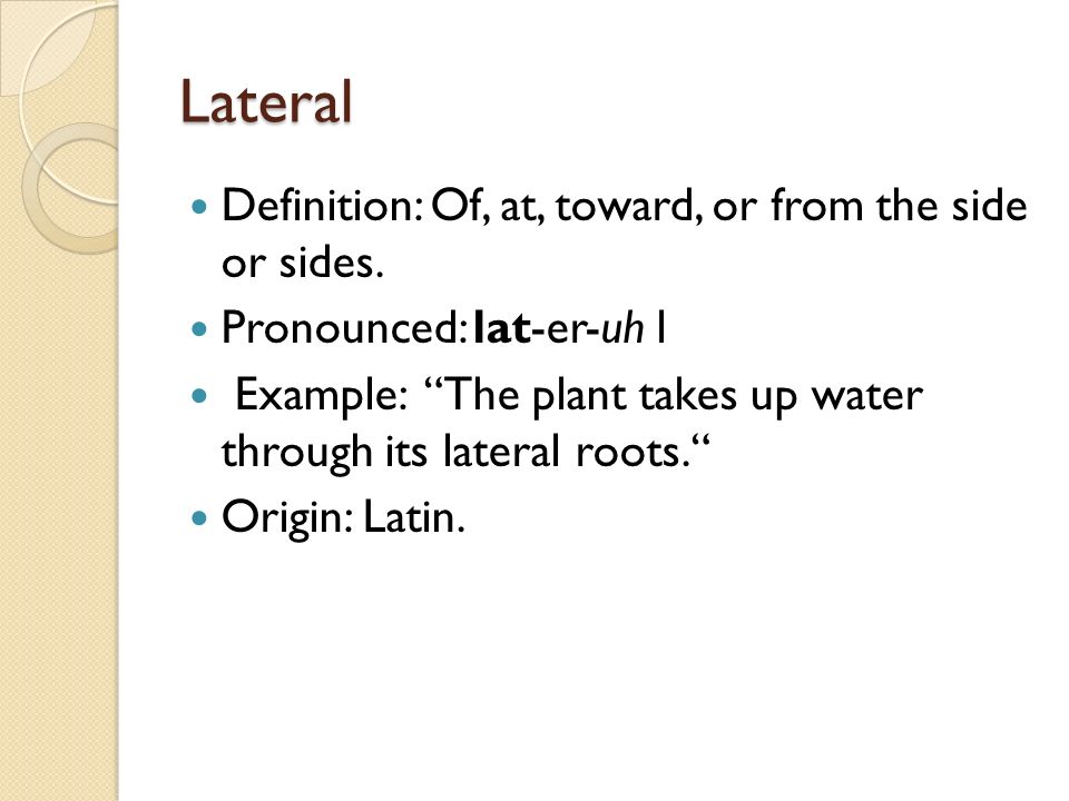 Lateral Definition: Of, at, toward, or from the side or sides.