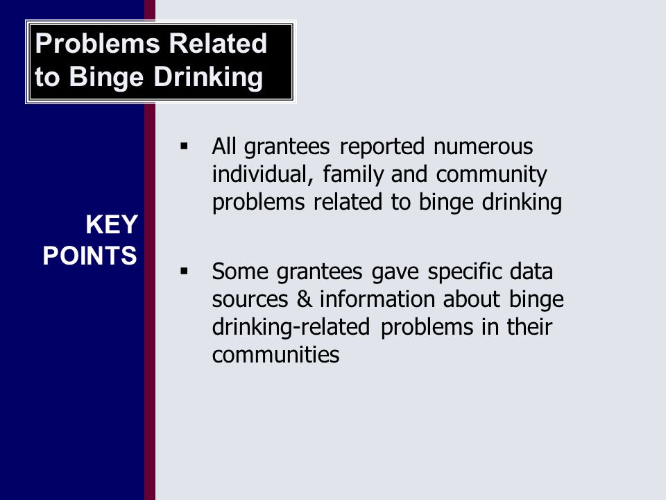  All grantees reported numerous individual, family and community problems related to binge drinking  Some grantees gave specific data sources & information about binge drinking-related problems in their communities Problems Related to Binge Drinking KEY POINTS