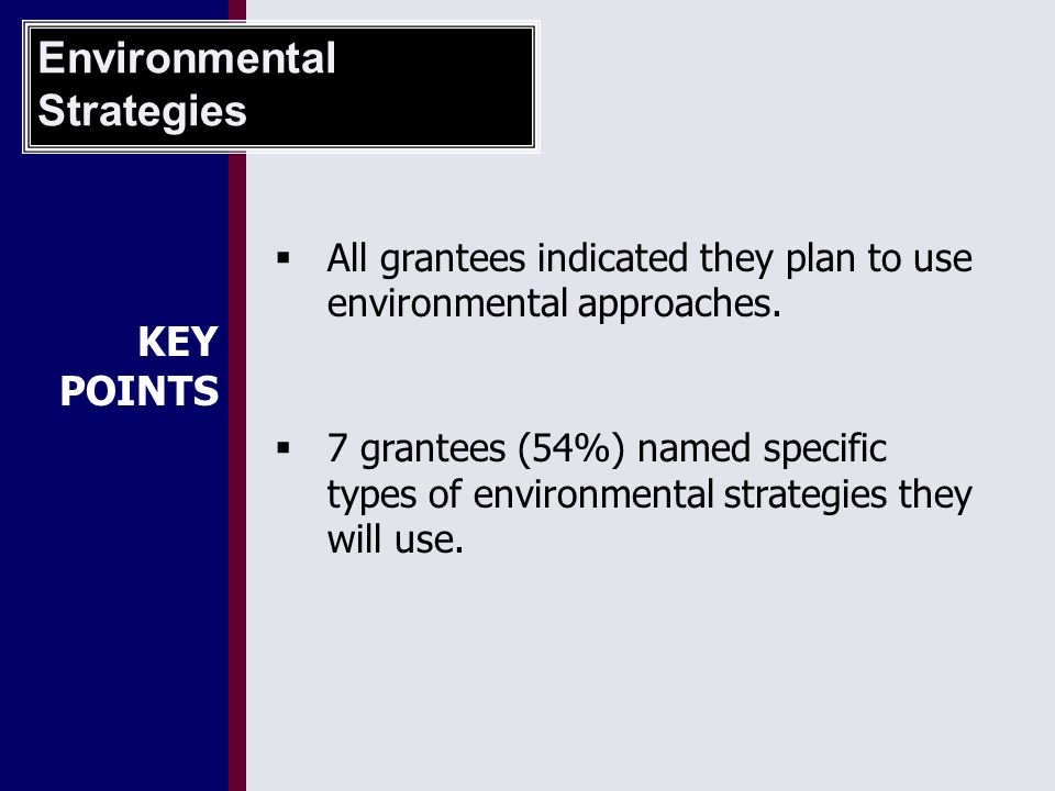  All grantees indicated they plan to use environmental approaches.
