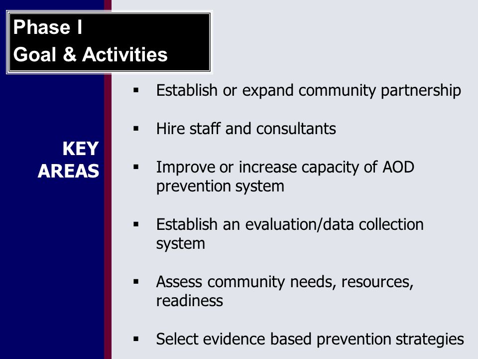 KEY AREAS  Establish or expand community partnership  Hire staff and consultants  Improve or increase capacity of AOD prevention system  Establish an evaluation/data collection system  Assess community needs, resources, readiness  Select evidence based prevention strategies Phase I Goal & Activities