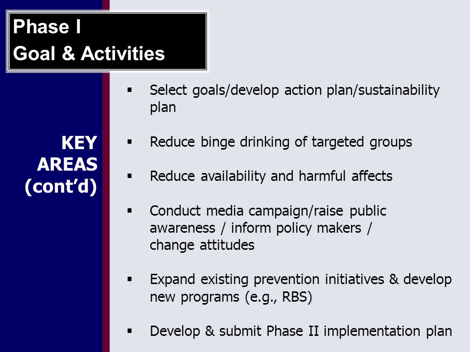 KEY AREAS (cont’d)  Select goals/develop action plan/sustainability plan  Reduce binge drinking of targeted groups  Reduce availability and harmful affects  Conduct media campaign/raise public awareness / inform policy makers / change attitudes  Expand existing prevention initiatives & develop new programs (e.g., RBS)  Develop & submit Phase II implementation plan Phase I Goal & Activities