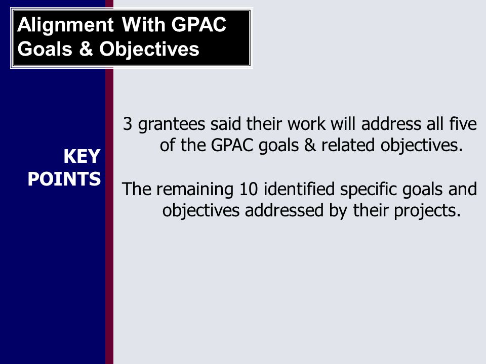 KEY POINTS 3 grantees said their work will address all five of the GPAC goals & related objectives.