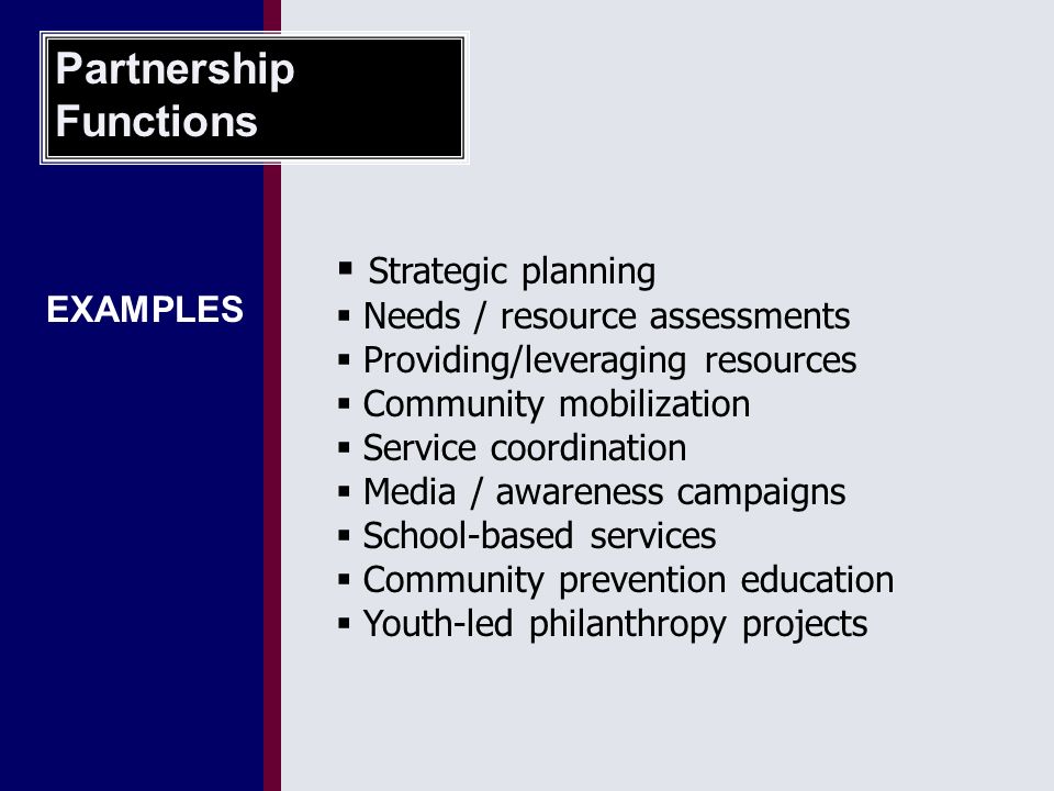 Partnership Functions EXAMPLES  Strategic planning  Needs / resource assessments  Providing/leveraging resources  Community mobilization  Service coordination  Media / awareness campaigns  School-based services  Community prevention education  Youth-led philanthropy projects