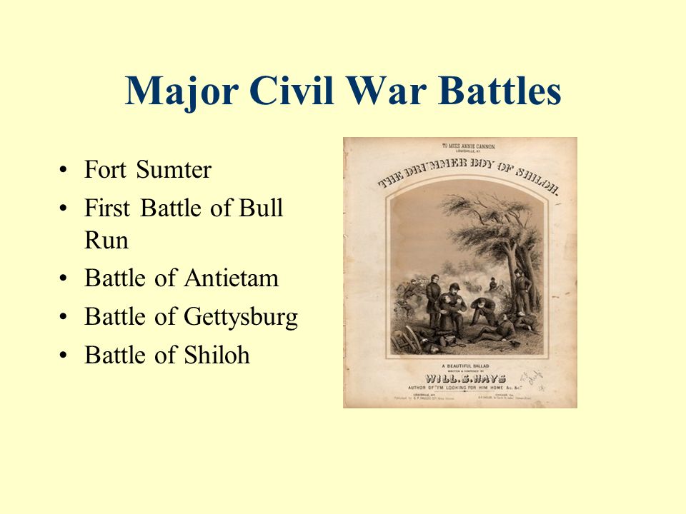 Major Civil War Battles Fort Sumter First Battle of Bull Run Battle of Antietam Battle of Gettysburg Battle of Shiloh